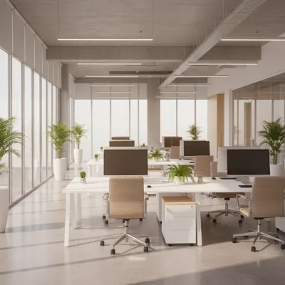 Helles Großraumbüro mit Glaswänden und Arbeitsplätzen