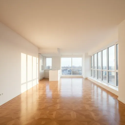 Lichtdurchflutete leere Wohnung mit Parkettboden und offener Küche nach Endreinigung