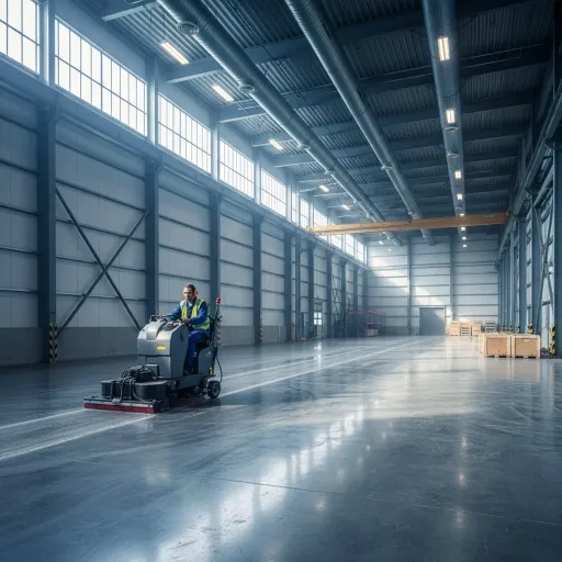 Arbeiter fährt Reinigungsmaschine durch eine große Industriehalle