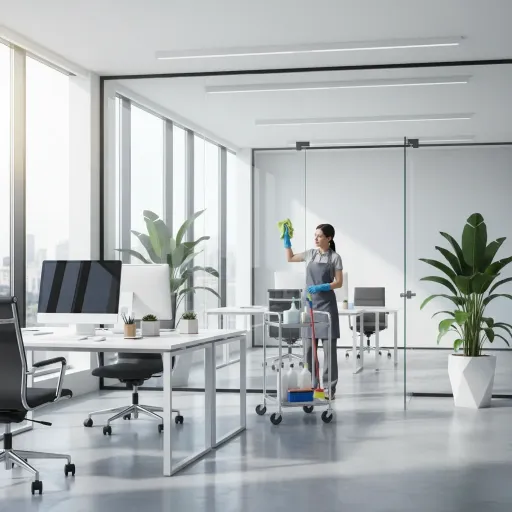 Reinigungskraft wischt Glaswand in einem modernen Büro mit Reinigungswagen