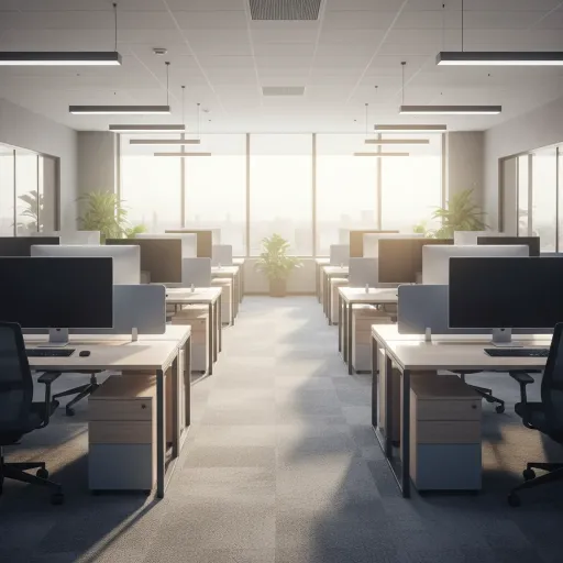 Sauberes Großraumbüro mit Schreibtischreihen und Tageslicht