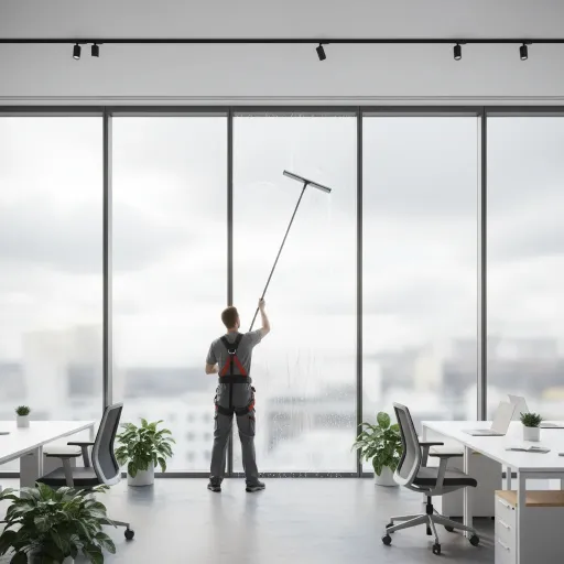 Mann reinigt mit Teleskop-Abzieher bodentiefe Fensterfront in einem Büro