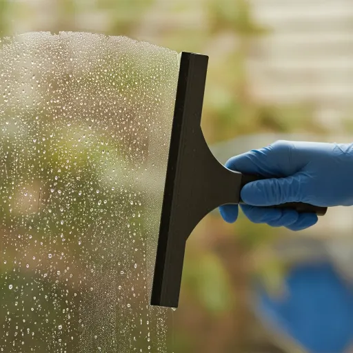 Hand mit blauem Handschuh zieht Wasser von einer nassen Glasscheibe ab