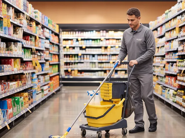 Reinigungskraft wischt den Gang eines Supermarkts mit professionellem Reinigungswagen