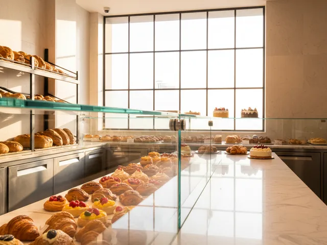 Saubere moderne Bäckerei-Theke mit glänzenden Glasvitrinen und frischen Backwaren