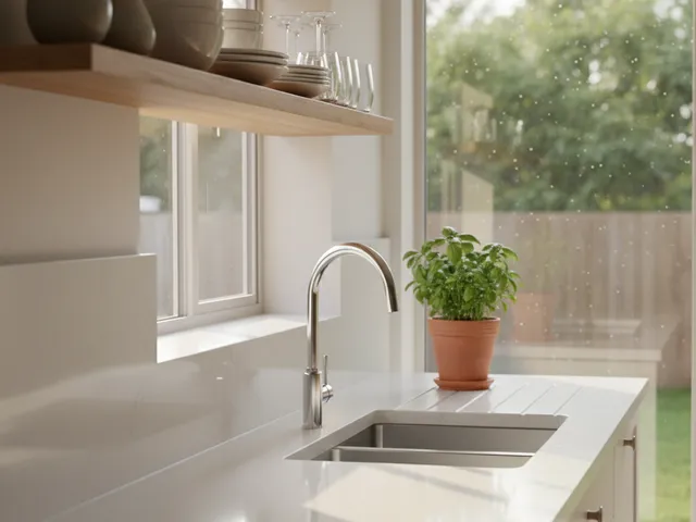 Saubere helle Küche mit glänzenden Arbeitsplatten und frischen Kräutern auf der Fensterbank