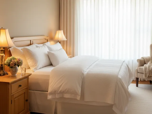 Frisch bezogenes Bett in einem gepflegten Schlafzimmer mit warmem Licht