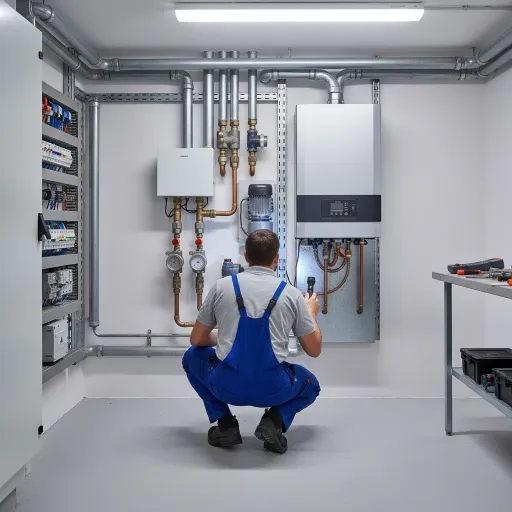 Hausmeister prüft Heizungsanlage und Rohrleitungen im Technikraum