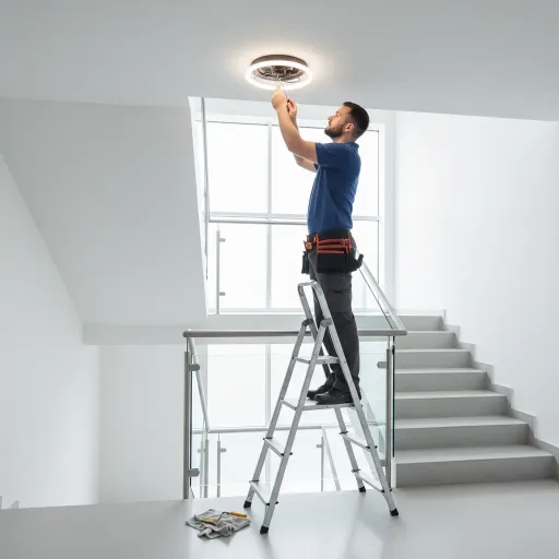 Handwerker auf Leiter repariert Deckenlampe im Treppenhaus