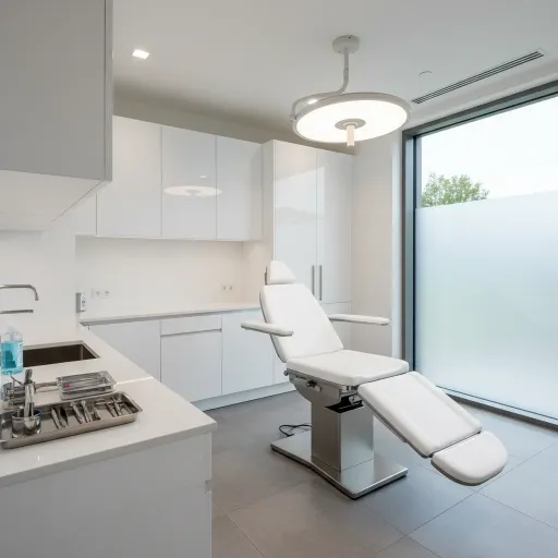 Heller Behandlungsraum mit Behandlungsstuhl und medizinischen Instrumenten