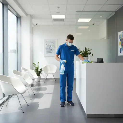 Reiniger mit Mundschutz desinfiziert Empfangstresen im Wartezimmer einer Praxis