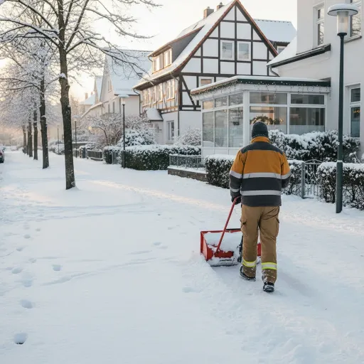 Winterdienstmitarbeiter schiebt Schneeschieber über verschneiten Gehweg
