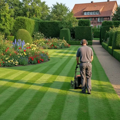 Gärtner mäht gepflegten Rasen mit Streifenmuster vor einem Landhaus