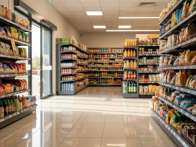 Sauberer moderner Supermarkt mit glänzenden Bodenflächen