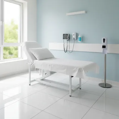 Sauberes Behandlungszimmer mit Untersuchungsliege und Desinfektionsspender